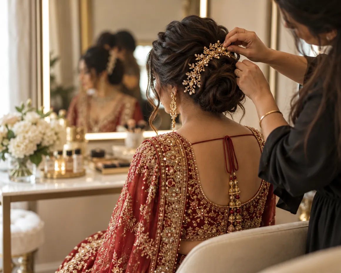 A stylist pinning a gold accessory into a bride's hair