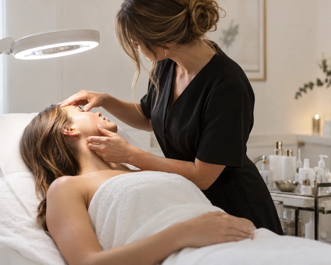 A practitioner examining a client's skin under a magnifying lamp