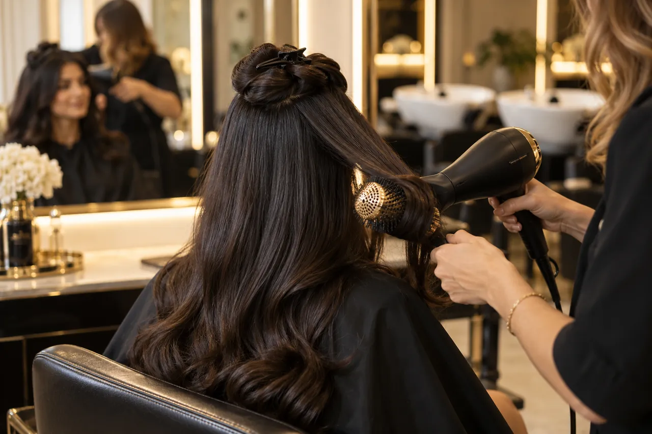 A stylist blow-drying long dark hair into soft waves