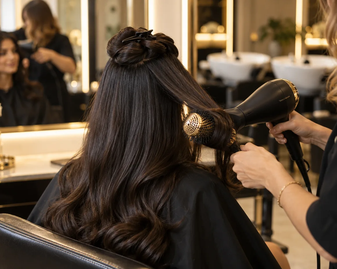 A stylist blow-drying long dark hair into soft waves