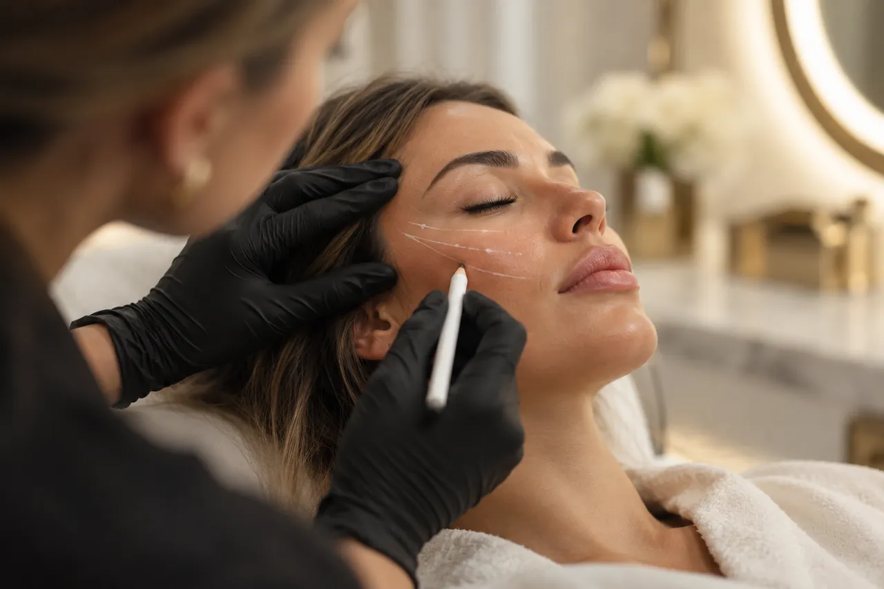 A practitioner marking a client's cheek before a filler treatment