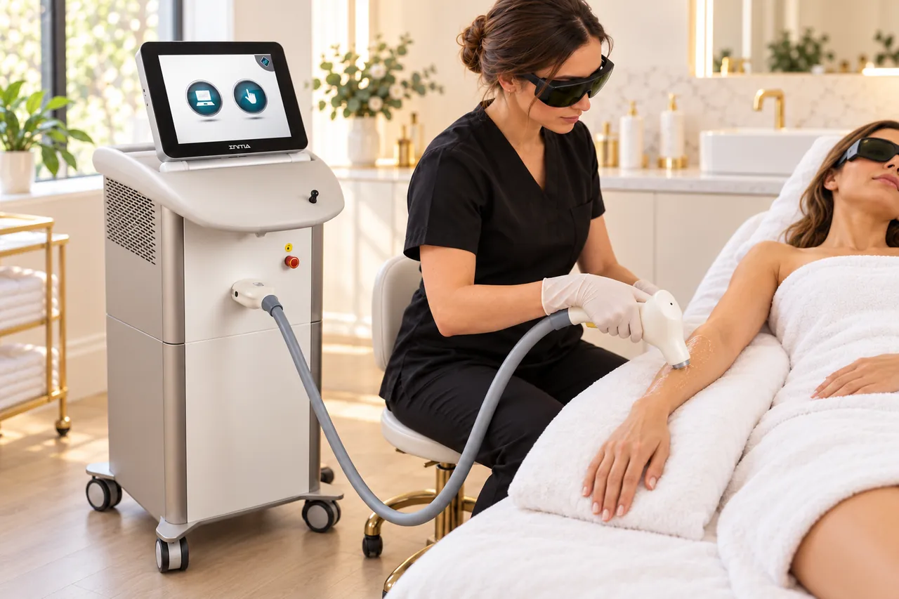 Laser hair reduction on a client's lower leg