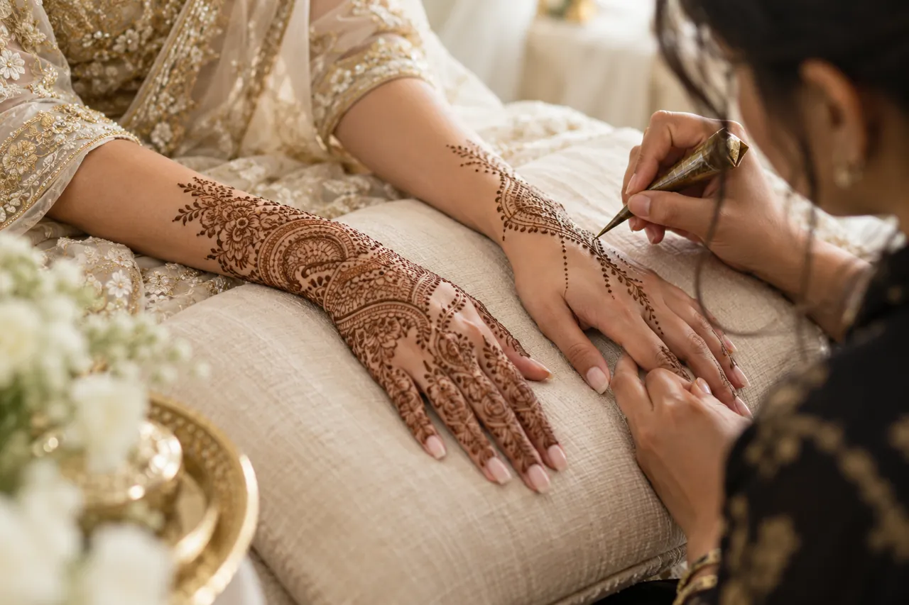 A mehendi artist applying bridal henna to a bride's hands